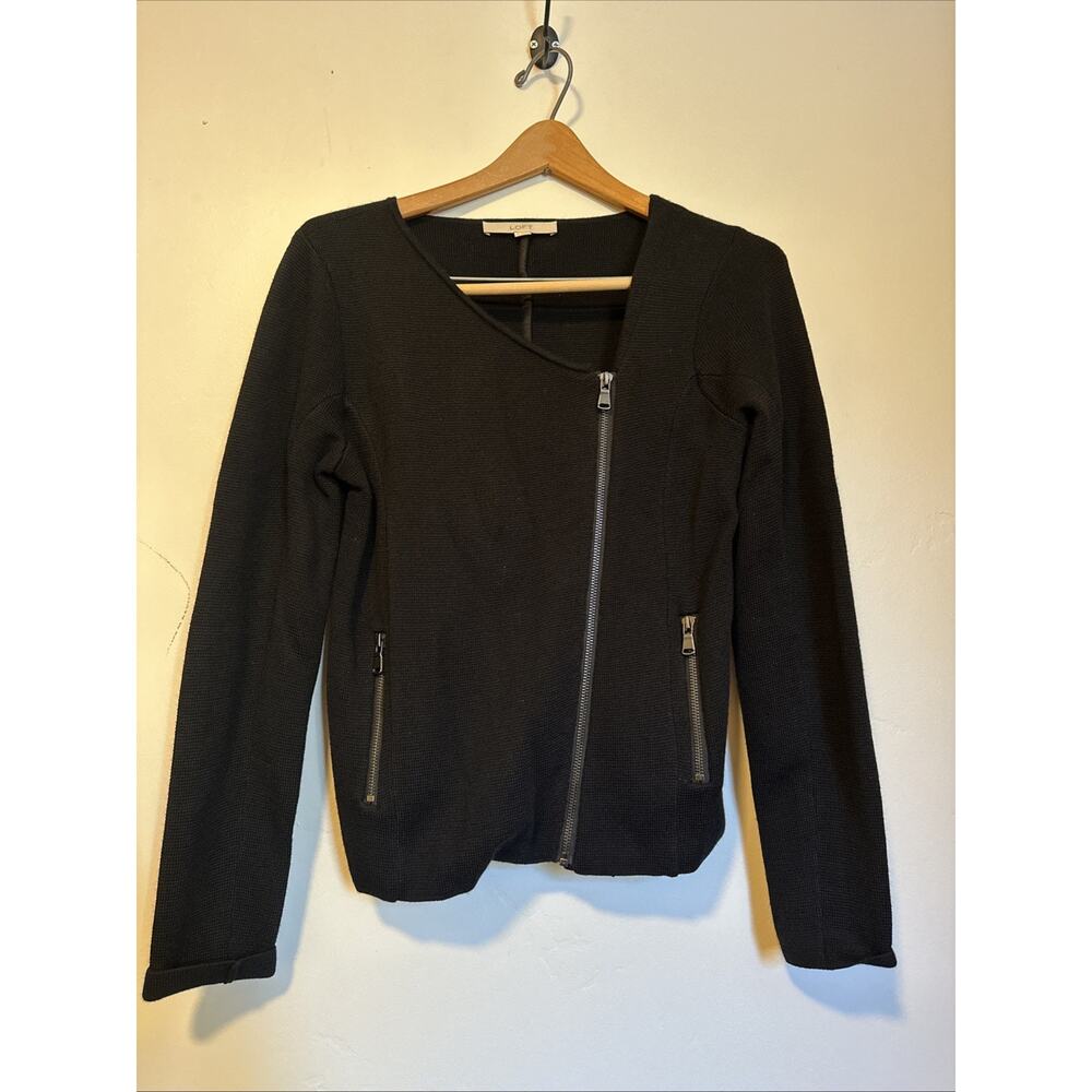 Loft Sweater Womens S Black Wool Blend Asymmetric Zip Up Shacket Utility Sweater